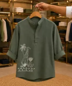 Men’s Premium Olive Green Kurta Shirt – Minimal Print Designer Casual Wear