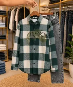 Men’s Trendy Plaid Shirt & Jeans Set – Green White Check Shirt with Grey Denim