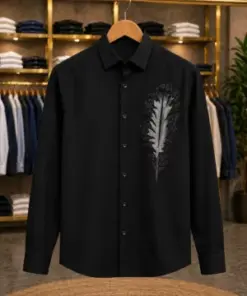 Men’s Classy Feather Texture Shirt – Black Designer Full Sleeve