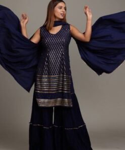 Navy Blue Sequins Semi Crepe Sharara Suit