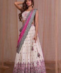 Cream Threadwork Semi Crepe Readymade Lehenga