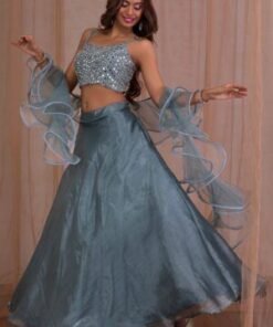 Grey Mirrorwork Tissue Readymade Lehenga