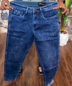 Men's Dark Blue Stretchable Jeans - Slim Fit Washed Denim with Zip Pocket Detail